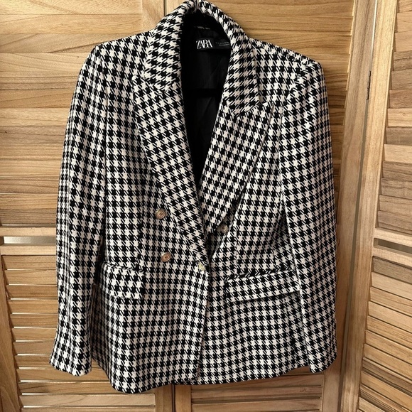ZARA Houndstooth Tweed Blazer Jacket Size L - Picture 2 of 8